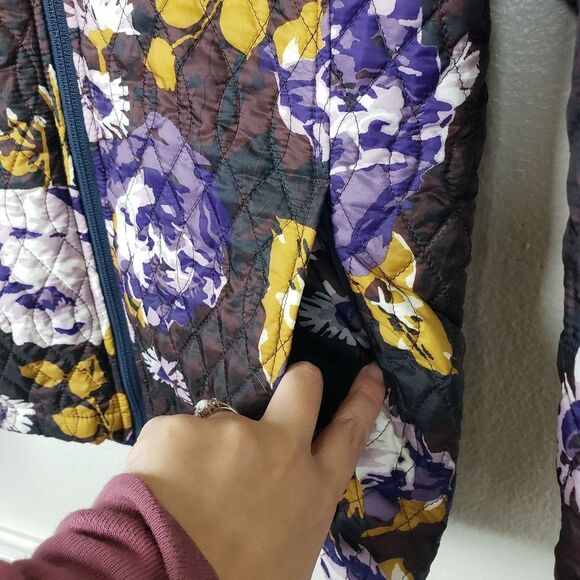 Women's Lands' End Quilted Purple Yellow Floral Leaf Zip Up Jacket Size S-4/6 - Picture 7 of 11